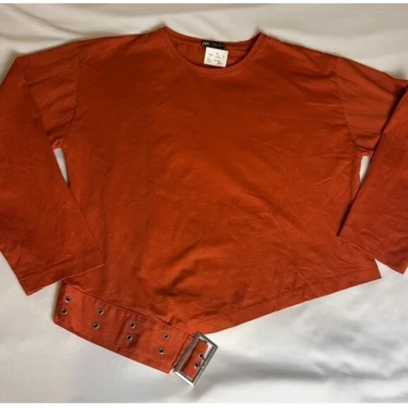 Zara Belted Crop Top L Burnt Orange Buckle Hem Long Sleeve Statement NWOT - Picture 7 of 11